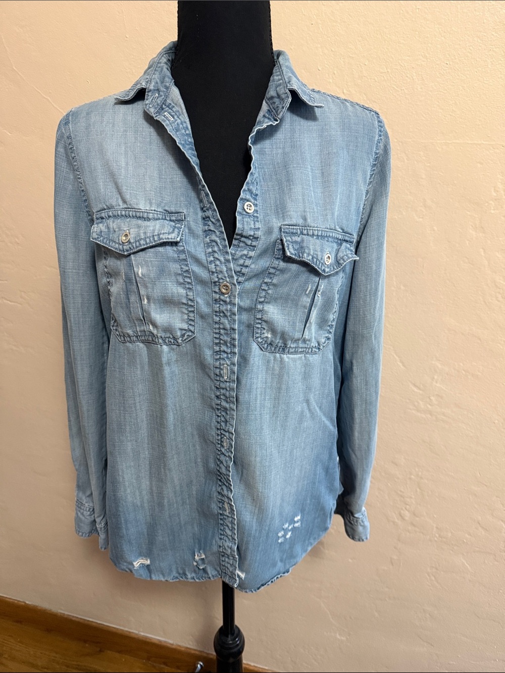 Light Blue chambray tencel distressed Button-Front Women's Shirt soft